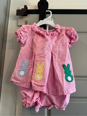 Classic Whimsy Pink Gingham Baby Dress Set with Bunny Appliques